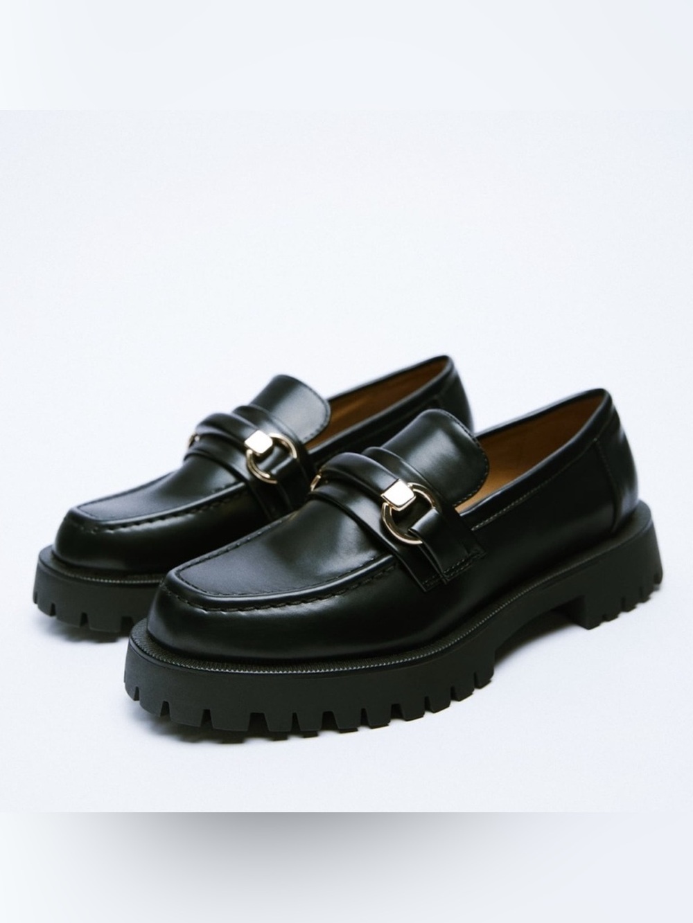 ZARA Women's LOW HEEL LUG SOLE LOAFERS Black/Gold, Size 40